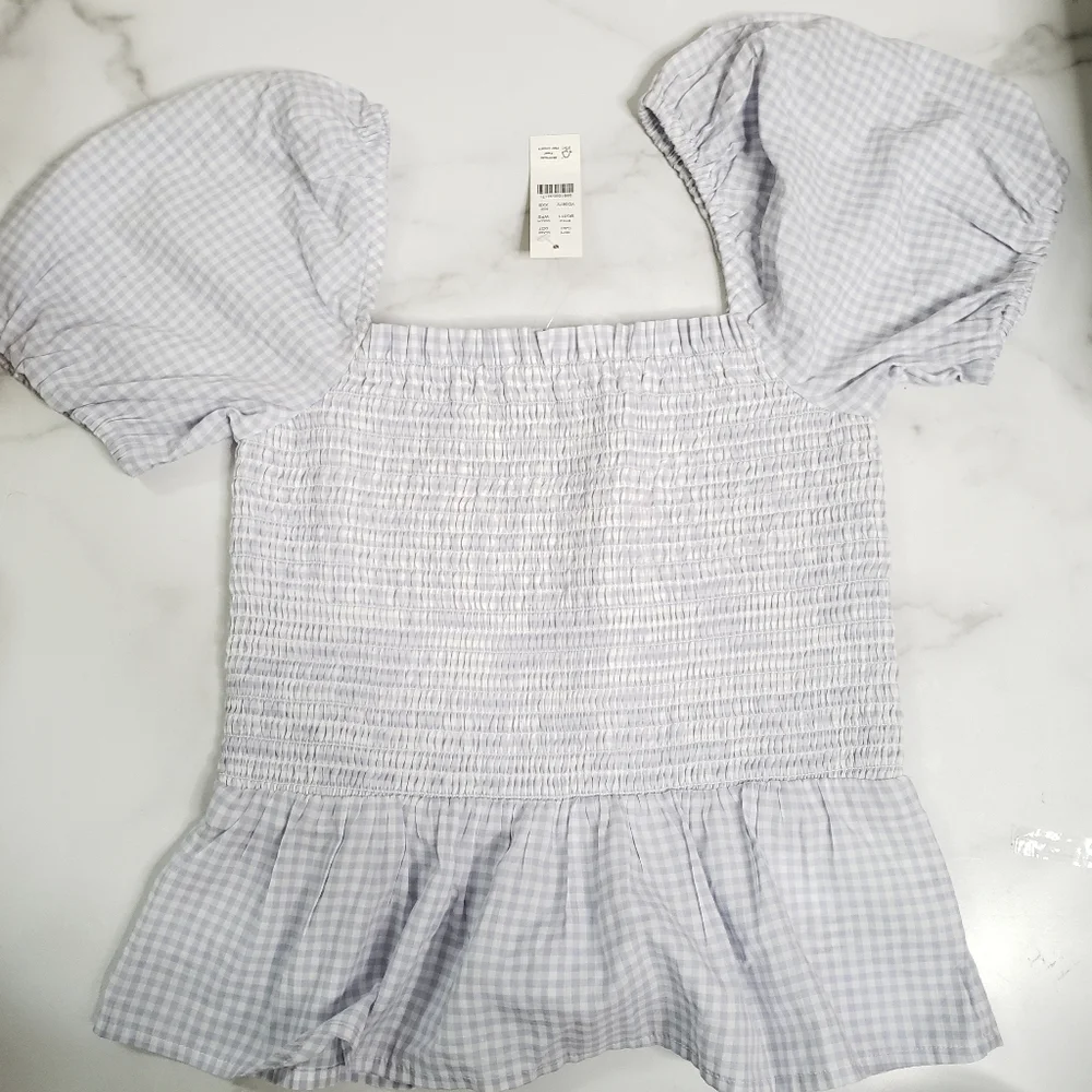 Jcrew Squareneck smocked cotton voile top in gingham Size XXS Blue White